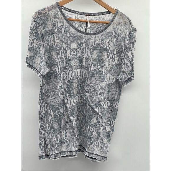 Free People T Shirt Top Short Sleeve Women Small Gray Snakeskin Sheer Oversized‎ - Picture 1 of 11